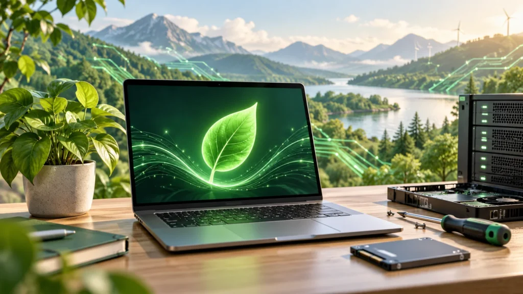 Laptop displaying a green leaf beside server equipment, repair tools, and plants, illustrating sustainable computing.